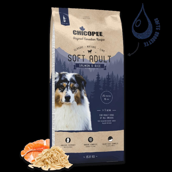 Chicopee Classic Nature Soft Adult-Храна за кучета над 12 месеца,полувлажна, мека със сьомга и ориз 15 кг.